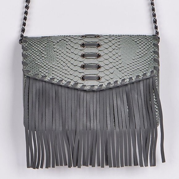 Animal Print Embossed W/ Fringe / Tassel Crossbody Bag - Boho - Gray - NWT - Picture 1 of 10